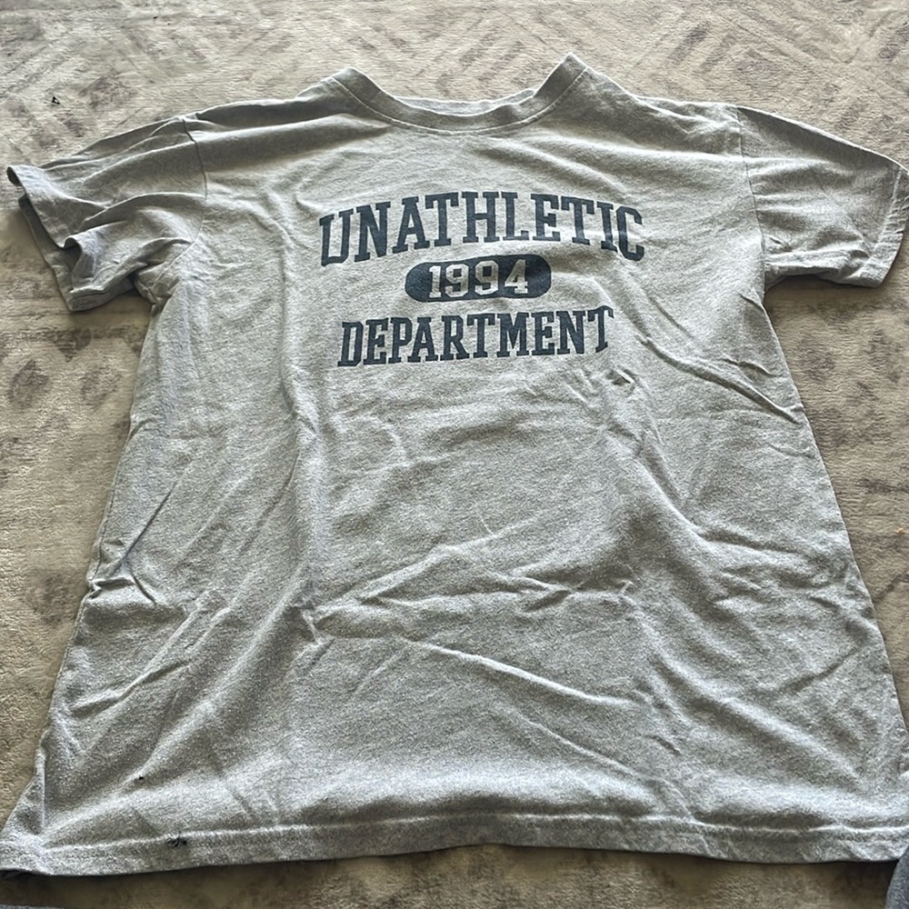 Medium grey T shirt with Unathletic department on front